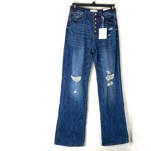 KanCan Ultra High Rise 90’s Flare Blue Jeans NWT Exposed Button Fly Ripped Denim